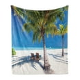 thumbnail image 1 of Beach Soft Flannel Fleece Throw Blanket, Tropical Island with Palm Trees Sunbeds Paradise Relaxation Summer Picture, Cozy Plush for Indoor and Outdoor Use, 50" x 70", Green Blue White, by Ambesonne, 1 of 5