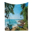 thumbnail image 1 of Beach Soft Flannel Fleece Throw Blanket, Tropical Ocean Scenery with Palm Trees and Fishing Boats Caribbean Landscape, Cozy Plush for Indoor and Outdoor Use, 50" x 60", Green and Blue, by Ambesonne, 1 of 5