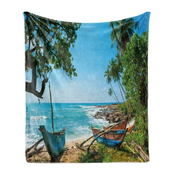 Beach Soft Flannel Fleece Throw Blanket, Tropical Ocean Scenery with Palm Trees and Fishing Boats Caribbean Landscape, Cozy Plush for Indoor and Outdoor Use, 70" x 90", Green and Blue, by Ambesonne