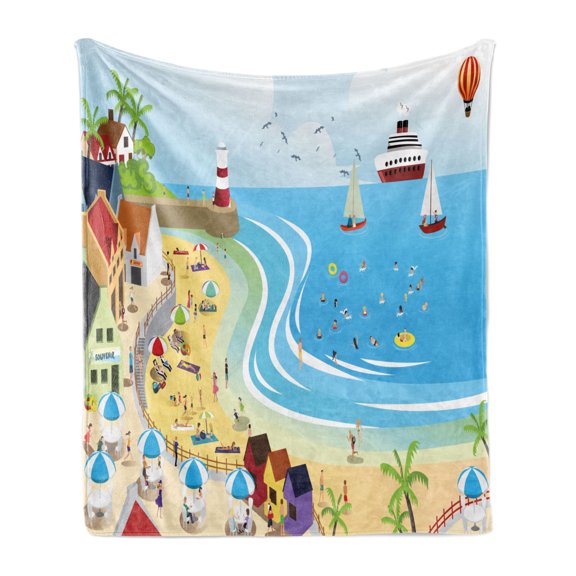 Beach Soft Flannel Fleece Throw Blanket, Tropical Summer Holiday Destinations Cartoon Style Town Illustration Ships Balloon, Cozy Plush for Indoor and Outdoor Use, 60" x 80", Multicolor, by Ambesonne