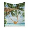 thumbnail image 1 of Beach Soft Flannel Fleece Throw Blanket, View of Nice Hammock with Palms by the Ocean Sandy Shore Exotic Print, Cozy Plush for Indoor and Outdoor Use, 70" x 90", Green Cream Blue, by Ambesonne, 1 of 6