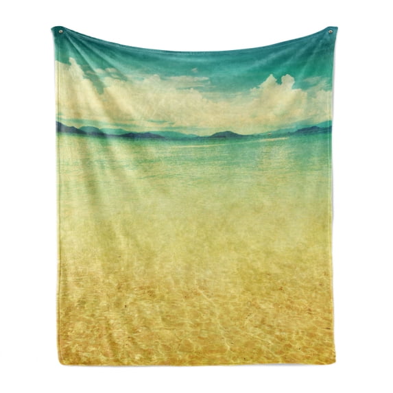 Beach Soft Flannel Fleece Throw Blanket, View of the Sea in Grunge and Retro Style Horizon Cloudy Sky Summer, Cozy Plush for Indoor and Outdoor Use, 50" x 70", Earth Yellow Turquoise, by Ambesonne