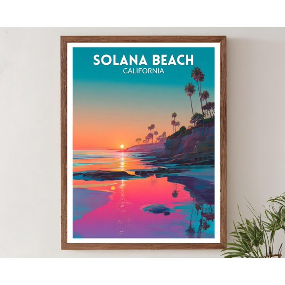 Beach Solana California Vibrant Retro Futurism Neon 1980S Synthwavemodern Coastal Poster , Poster Print Only