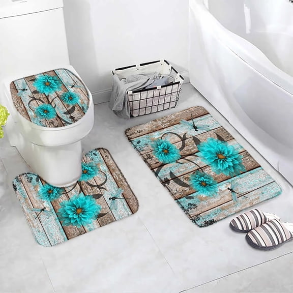 Beach StarShell 3 pcs Set Bath Mat Teal Octopus Turtle Wood Grain Anti Slip Bathroom Rugs Bathroom Accessories Sets Carpets