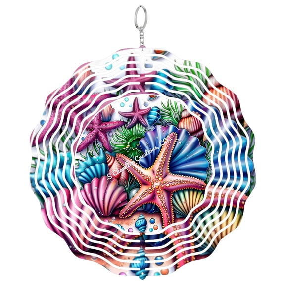 Beach Starfish And Seashell 3D Wind Spinner, Summer Nautical Metal Art, Kinetic Garden Decor, Coastal Gift
