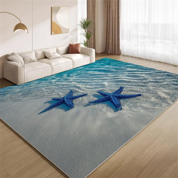 Beach Starfish Area Rugs, Blue Ocean Seascape Pattern Carpet, Washable Non Slip Low Pile Soft Rug for Living Room Bedroom Decor Mat 2x3ft