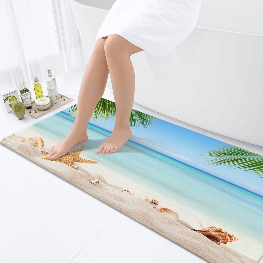 Beach Starfish Bathroom Rugs, Ocean Beach Seaside Bathroom Rugs Costal Scenery Landscape Nautical Sea Scenic Sand Blue Sky Summer Bathroom Rug Mat 17X48inch, Absorbent Bath Rugs