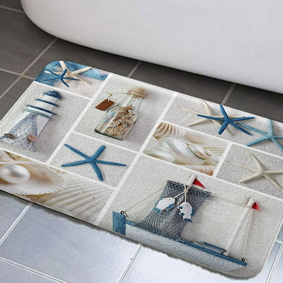 Beach Starfish Bathroom Rugs, Ocean Beach Shower Curtain Seaside Bathroom Rugs Set, Costal Scenery Landscape Non-Slip Bath Rugs, Nautical Sea Scenic Bathroom Rug Mat 19X31inch