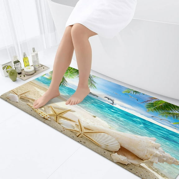 Beach Starfish Bathroom Rugs, Ocean Beach Bathroom Rugs Set Seaside Costal Scenery Landscape Non-Slip Bath Rugs Nautical Sea Scenic Sand Blue Sky Summer Bathroom Rug Mat 17X48inch