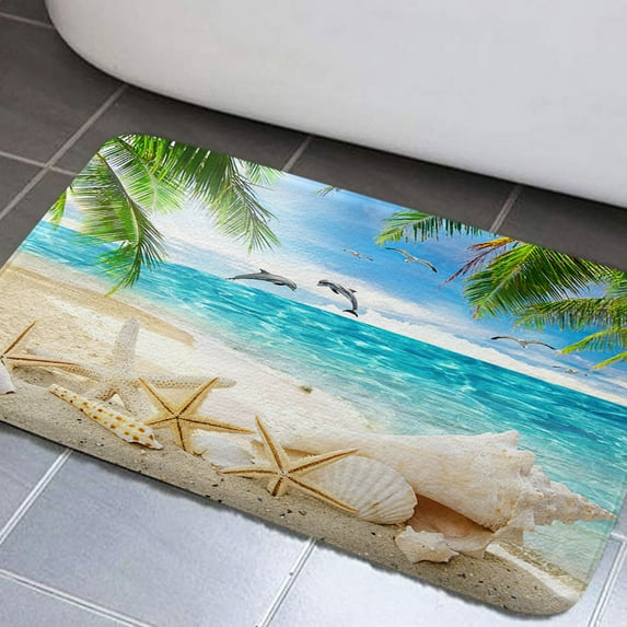 Beach Starfish Bathroom Rugs, Ocean Beach Bathroom Rugs Set Seaside Costal Scenery Landscape Non-Slip Bath Rugs Nautical Sea Scenic Sand Blue Sky Summer Bathroom Rug Mat 17x29inch