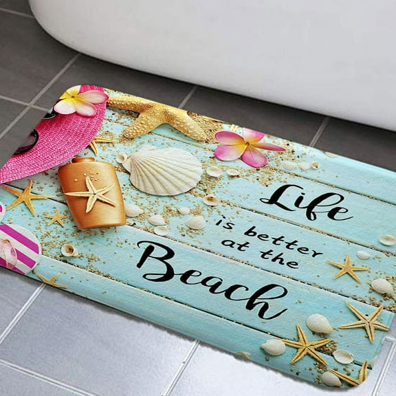 Beach Starfish Bathroom Rugs, Rustic Farmhouse Beach Non-Slip Bath Rugs Seaside Costal Scenery Landscape Nautical Bathroom Rugs Set Sea Scenic Sand Blue Sky Summer Bathroom Rug Mat 17x29inch