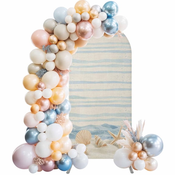 Beach Starfish Conch Shell Arch Backdrop Cover Spandex Fitted Arch Cover 6FT,Arches Backdrop Stand Covers for Wedding Birthday Party Ceremony Banquet Decoration Blue Ocean Wave Linen Texture