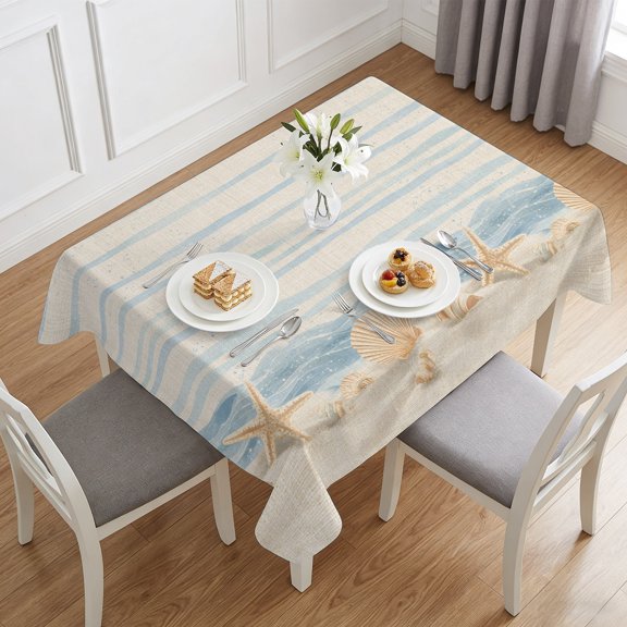 Beach Starfish Conch Shell Table Cloth 60x84in, Waterproof Rectangle Tablecloth Wipeable Tablecloths Blue Ocean Wave Linen Texture Table Covers for Dining Tables Party Indoor Outdoor
