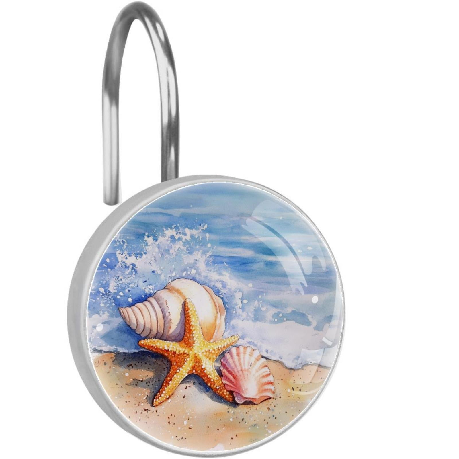 Beach Starfish Conch Shower Curtain Hooks Round Crystal Glass, Set of 12 Shower Curtain Rings - Shower Hooks for Curtain Shower Rings