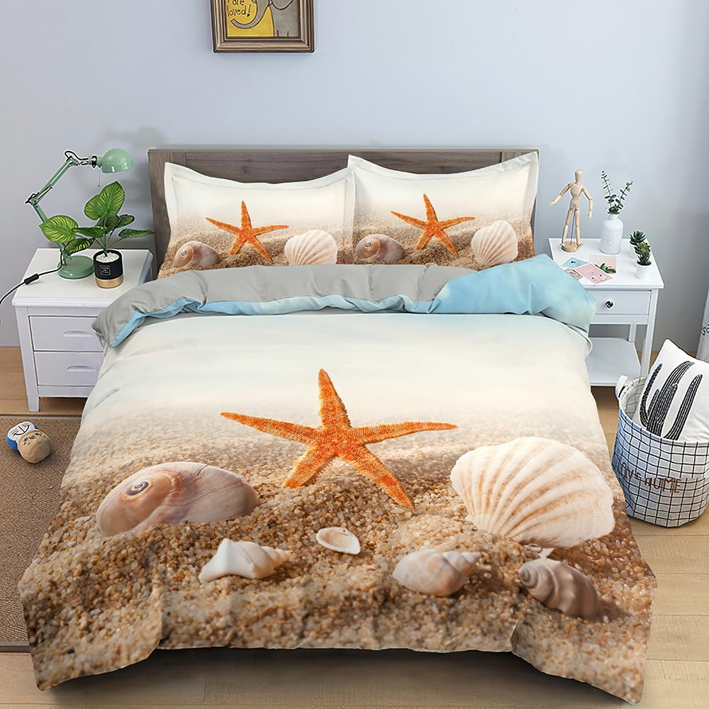 Beach Starfish Duvet Cover Set Queen Blue Cute Ocean Creatures Bedding ...