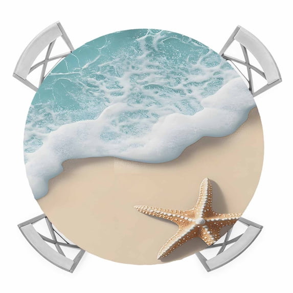 Beach Starfish Elastic Fitted Round Table Cover Blue Ocean Waterproof Outdoor Tablecloth for Holiday Party, Picnic, Patio & Dining Fits Tables Up to 55"-60"