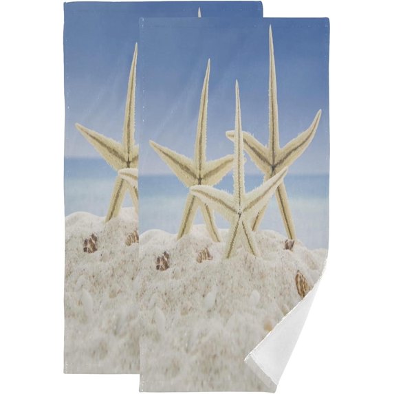 Beach Starfish Family Hand Towels 2 PCS, Summer Sandy Sky Kitchen Towel Ultra Soft and Highly Absorbent,Decorative Fingertip Face Towel for Bathroom Hotel, 28.3"x14.4"