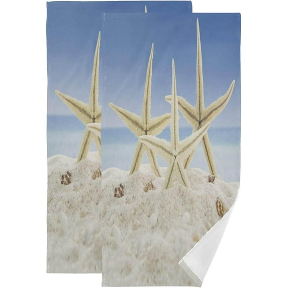 Beach Starfish Family Hand Towels, Summer Sandy Sky Kitchen Towel Ultra Soft and Absorbent,Decorative Fingertip Face Towel for Bathroom Hotel, 2 PCS, 28.3"x 14.4"