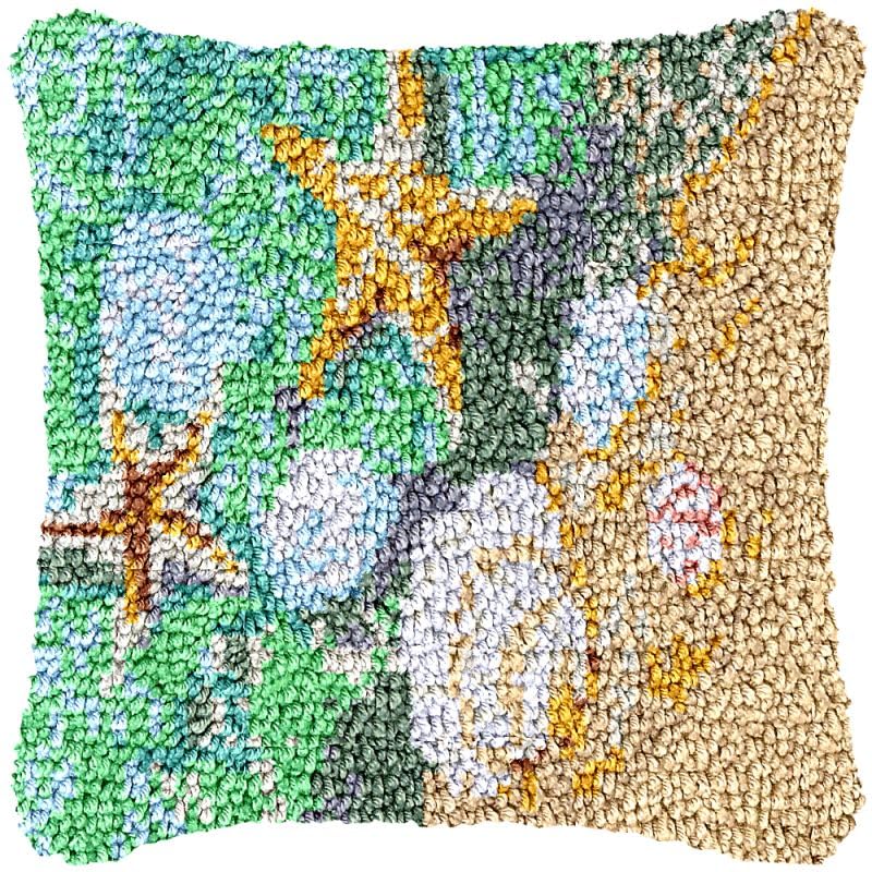 Beach Starfish Latch Hook Pillow Cover Kits for DIY Handmade Throw Pillow Cross Stitch Latch Hook Pillowcase Rug Kits with Preprinted Color Pattern Canvas Crochet Yarn Kits 17''X 17''(fv136)