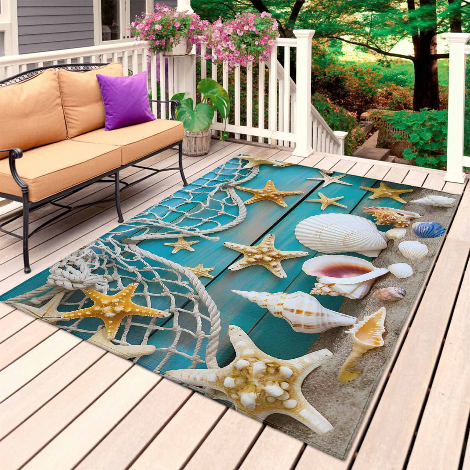 Outdoor Rug Fish Beach Starfish Outdoor Rug for Patio/Deck/Porch, Non-Slip Large Area ...