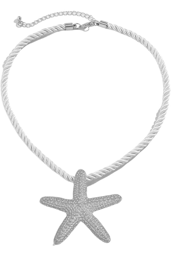 Beach Starfish Pendant Necklace,Ocean Style Beach Party Starfish Alloy Necklace, Summer Bohemian Woven Rope Necklace, Ocean Themed Accessories, Surfer Jewelry Gift (Silver)