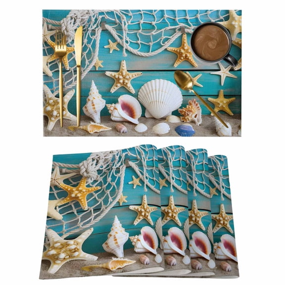 Beach Starfish Placemats Set of 4, Ocean Conch Fishing Net Blue Wood Grain Placemats for Dining Table, Place Mats for Kitchen Tabletop, Waterproof Wipeable Dining Table Mats Set