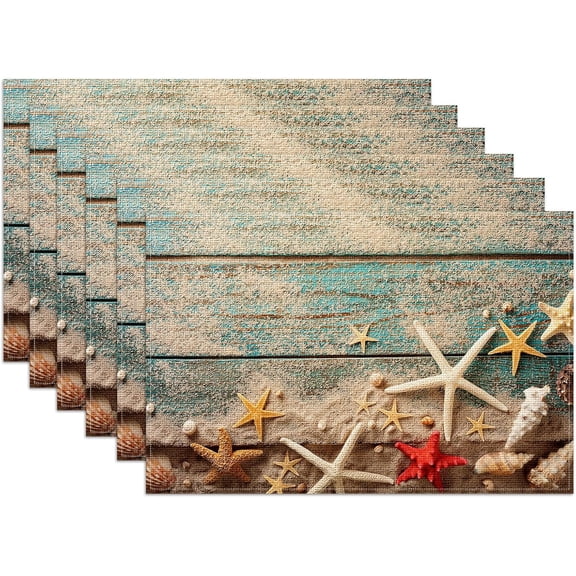 Beach Starfish Placemats Set of 6, Nautical Seashell Linen Place Mat Washable Stain Resistant Table Mats for Farmhouse Kitchen Dining Party Wedding Decor 12x18 Inch