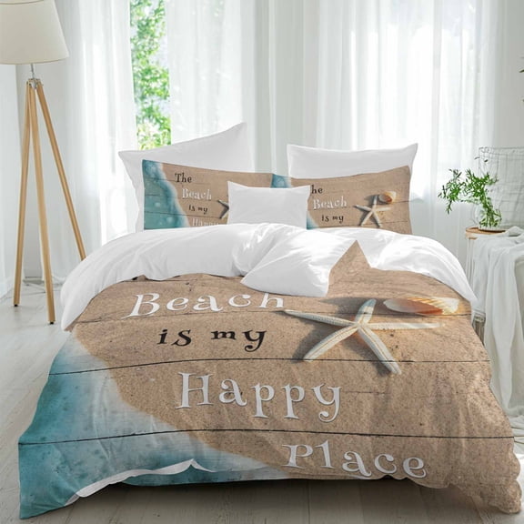 Beach Starfish Queen Size Comforter Set, The Beach Is My Happy Place Wood Grain Bedding for All Seasons, 4 Pcs Bed Set, 1Quiltcover (90"x92") ,1Sheet(94"x116"), 2Pillowcases (30"x20")