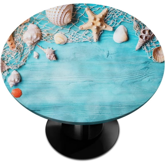 Beach Starfish Round Fitted Tablecloth with Elastic Edge Summer Teal Round Table Cover Pads Waterproof Non Slip Outdoor Table Cloth for Kitchen Parties Decor Fits 45"-55" Tables