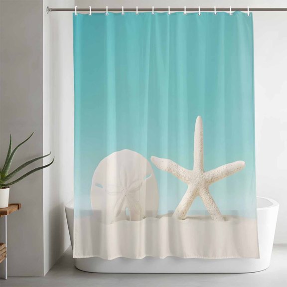 Beach Starfish Sand Dollar Bathroom Shower Curtain, Modern Nautical Ocean Marine Life Teal Waterproof Washable Soft Bath Curtain for Bathtub Decor with 12 Hooks&Grommet, 36x72in