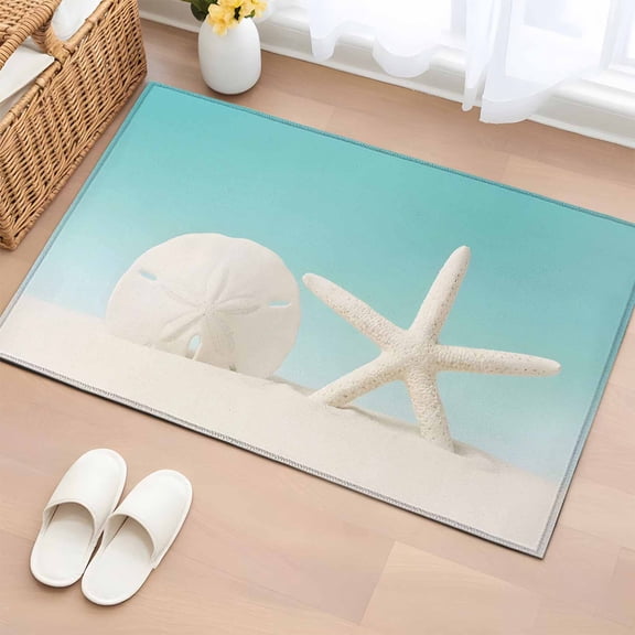 Beach Starfish Sand Dollar Entryway Rug 2'x3' Modern Nautical Ocean Marine Life Teal Small Area Rug Non-Slip Front Door Mat Washable Floor Carpet for Indoor Entrance Kitchen Bathroom