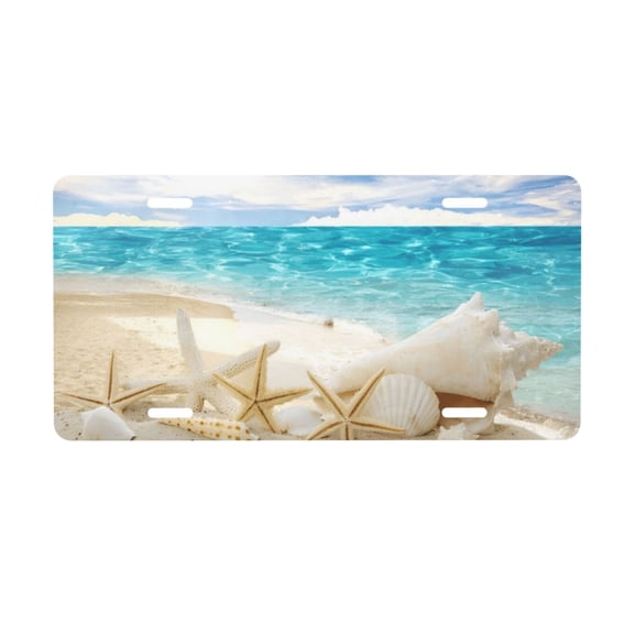 Beach Starfish Sea Shells License Plate with 4 Holes,Novelty Aluminum Metal Car Plate Vanity Tag Decorative Car Front Accessories for Women Men,6x12 Inches