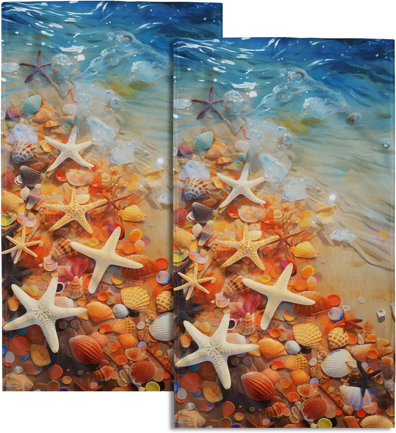 Beach Starfish Seashell Hand Towel - Ocean Coastal Face Towels Set of 2 Nautical Kitchen Tea Towels Summer Sea Shell Fingertip Towel for Bathroom Hotel Spa