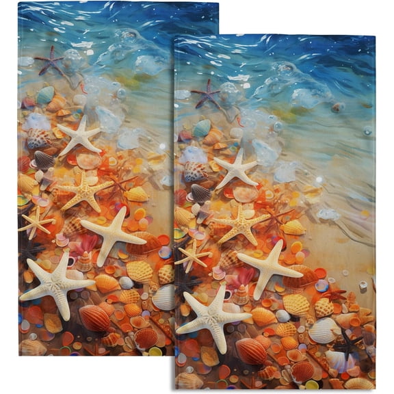 Beach Starfish Seashell Hand Towel - Ocean Coastal Face Towels Set of 2 Nautical Kitchen Tea Towels Summer Sea Shell Fingertip Towel for Bathroom Hotel Spa
