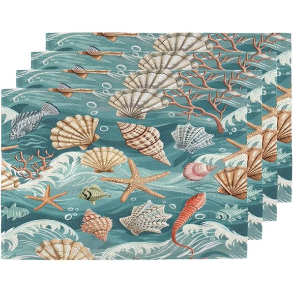 Beach Starfish Seashell Modern Placemats Set of 4, 12 X 18 Inch Washable Table Mats Seasonal Heat Resistant Kitchen Dining Party Decoration Place Mats