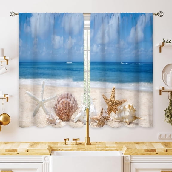 Beach Starfish Seashell Small Kitchen Curtains Ocean Coastal Window Treatment Nautical Sea Cafe Short Window Curtains for Bathroom Dining Room Scenery Tier Treatment Drapes 27.5x39 inch