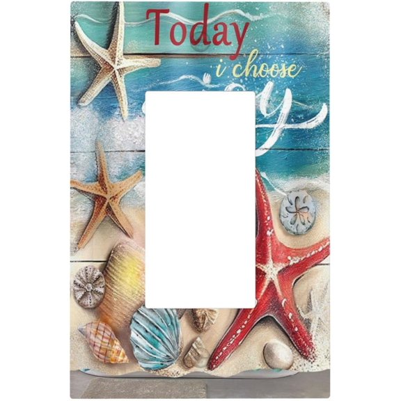 Beach Starfish Seashell on Wooden Board 1 Gang Rocker Light Switch Covers Decorative Single Decora Outlet Wall Plate Faceplate Switchplate GFCI for Country Bathroom Bedroom Decor