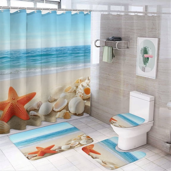 Beach Starfish Seashells Ocean Shower Curtain Sets Non-Slip Rugs Bath Mat Toilet Cover U Shaped Mat 4 Pcs