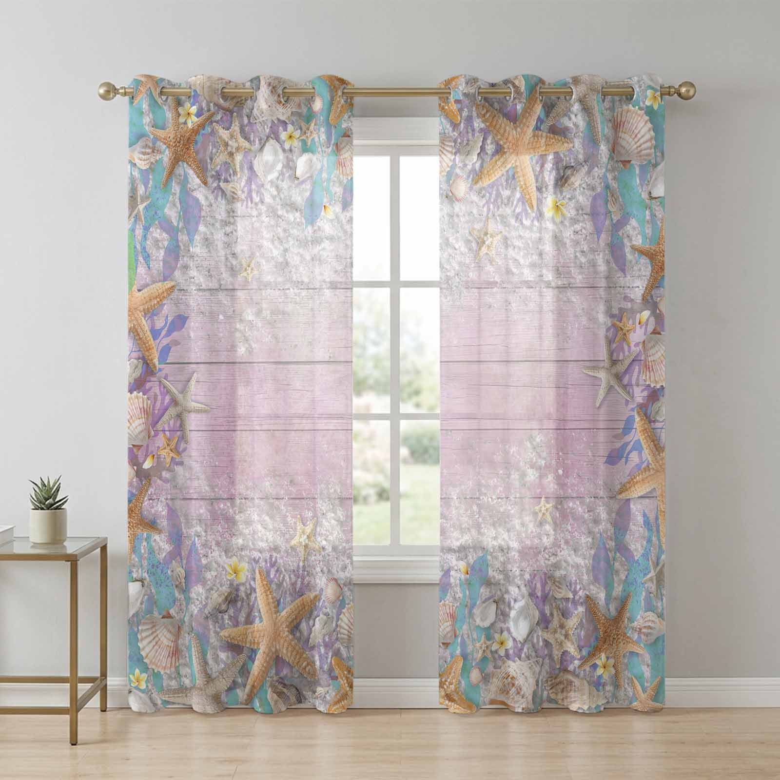 Image showcasing Beach Starfish Sheer Curtains 96 Inch Long 2 Panels, Watercolor Summer ...