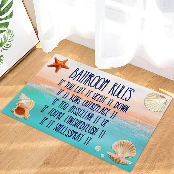 Beach Starfish Shell Bathroom Rules On Wood GrainBathroom Shower Mat Doormat Non Slip,Floor Rug Absorbent Carpets Floor Mat Home Decor for Kitchen Bedroom Rug, 16"X 24"