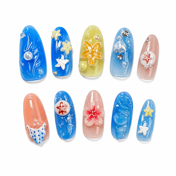 Beach Starfish Shell Press on Nails, Medium Almond Glossy False Nails with 3D Design, 30 Count