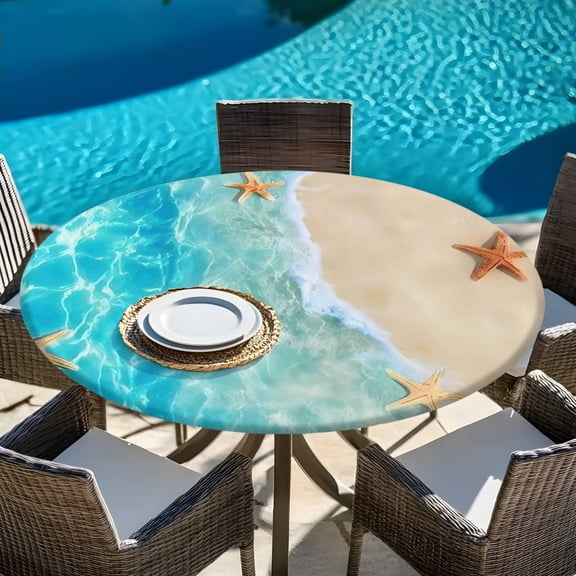 Beach Starfish Shell Sea Water Round Fitted Tablecloth with Elastic Edge,Waterproof Table Cloth Fits Tables Up to 36"-44",Washable Table Cover for Indoor Outdoor Dinning Party,Summer Seaside Theme