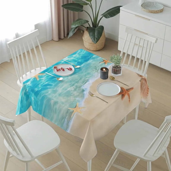 Beach Starfish Shell Sea Water Table Cloth 54x54in, Waterproof Square Tablecloth Wipeable Tablecloths Summer Seaside Theme Table Covers for Dining Tables Party Indoor Outdoor