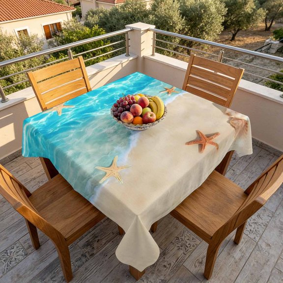 Beach Starfish Shell Sea Water Table Cloth 60x60in, Waterproof Square Tablecloth Wipeable Tablecloths Summer Seaside Theme Table Covers for Dining Tables Party Indoor Outdoor