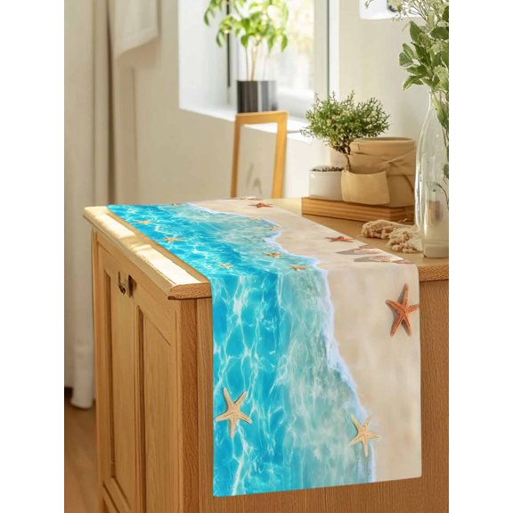 Beach Starfish Shell Sea Water Table Runner 36 Inches Long,Kitchen Dining Tablerunners Summer Seaside Theme Linen Table Runners Dresser Scarves for Home Dinner Wedding Holiday Party Decor