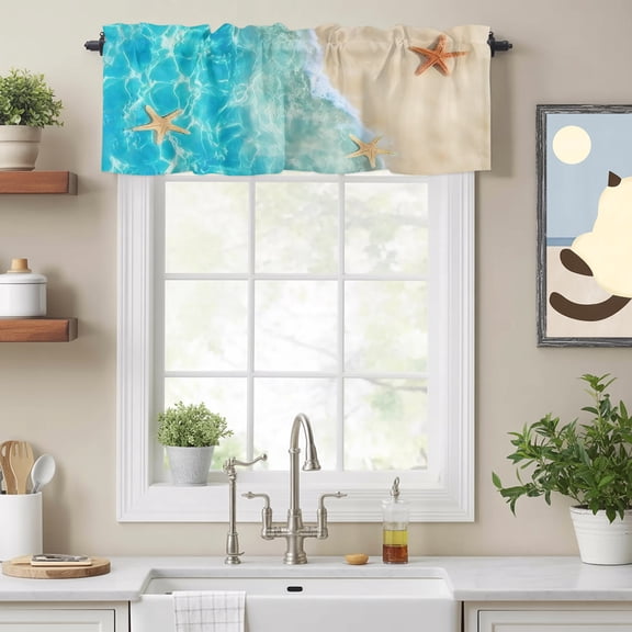 Beach Starfish Shell Sea Water Valances for Windows,Rod Pocket Valance for Kitchen Bedroom Bathroom Living Room, Summer Seaside Theme Window Valance Curtain Farmhouse Short Curtains 54x18in