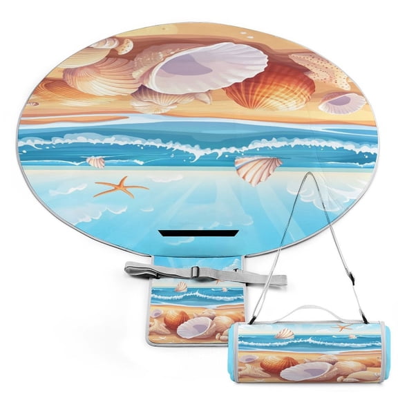 Beach Starfish Shells 58" Round Waterproof Picnic Blanket - Foldable Outdoor Mat Extra Large, Durable for Grass, Beach Or Park