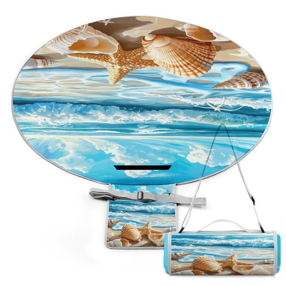Beach Starfish Shells 58" Round Waterproof Picnic Blanket - Foldable Outdoor Mat Extra Large, Durable for Grass, Beach Or Park