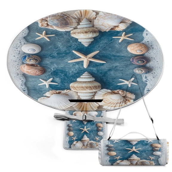 Beach Starfish Shells 58" Round Waterproof Picnic Blanket - Foldable Outdoor Mat Extra Large, Durable for Grass, Beach Or Park