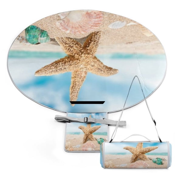 Beach Starfish Shells 58" Round Waterproof Picnic Blanket - Foldable Outdoor Mat Extra Large, Durable for Grass, Beach Or Park